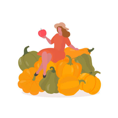 Fall harvesting and agriculture farming concept. thanksgiving day. Festive Pumpkin. Vector flat cartoon people characters illustrationのイラスト素材