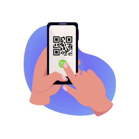Vector illustration of a mobile phone with Symbol QR code in the male hand. Qr code recognition and payment , online shopping concept, recognition.のイラスト素材
