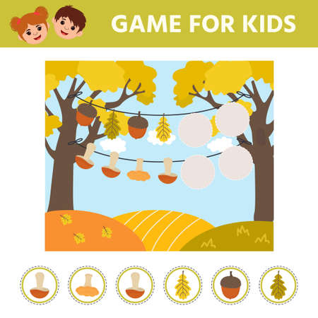 Autumn preschool printable educational activity for kids. Game for kids. Continue the row with mushroom, autumn leaves, acorn. task for the development of logical thinking. vector illustrationのイラスト素材