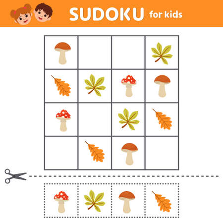 Education game for kids. Sudoku with autumn leaves. Kids learning material. preschool worksheet activity. Children funny riddle entertainment. vector illustrationのイラスト素材