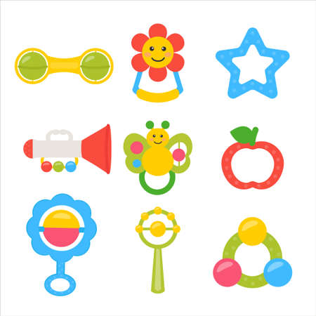 Vector set of baby rattles. Toys for calming or entertaining infant. baby items. Vector illustration for Decorative design element, scrapbooking, advertising cardのイラスト素材