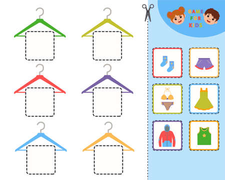 Education game for children with clothes. Find and hang clothes on a hanger. Kids learning material. preschool worksheet activity. Children funny riddle entertainment. vector illustrationのイラスト素材