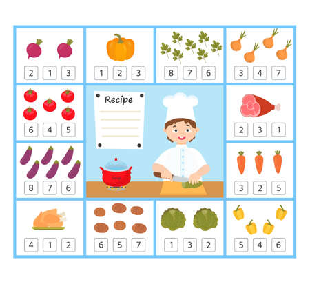Math education for kids. Help the chef calculate the amount of vegetables. Developing counting skills. preschool worksheet activity. Children funny riddle entertainment for the development of logical thinkingのイラスト素材