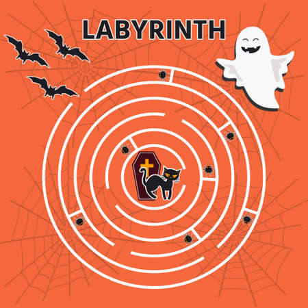 Halloween maze game for kids. labyrinth. preschool worksheet activity. Children funny riddle entertainment. vector illustrationのイラスト素材
