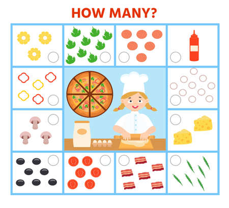 Math Education game for children.Count the ingredients in pizza. Kids learning material. preschool worksheet activity. Children funny riddle entertainment for the development of logical thinkingのイラスト素材