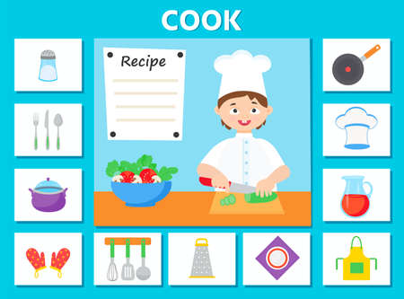 Game for kids. Cook. preschool worksheet activity. Children funny riddle entertainment for the development of logical thinkingのイラスト素材