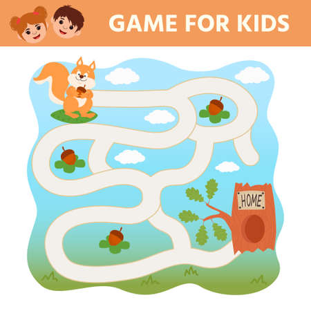 Education game for kids. Maze. Help the squirrel get to the tree house. Kids learning material. preschool worksheet activity. Children funny riddle entertainment for the development of logical thinkingのイラスト素材