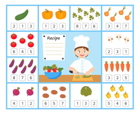 Math education for kids. Help the chef calculate the amount of vegetables. Developing counting skills. preschool worksheet activity. Children funny riddle entertainment for the development of logical thinkingのイラスト素材