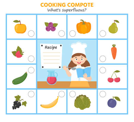 Game for kids. Cooking compote. What products are superfluous? preschool worksheet activity. Children funny riddle entertainment for the development of logical thinkingのイラスト素材