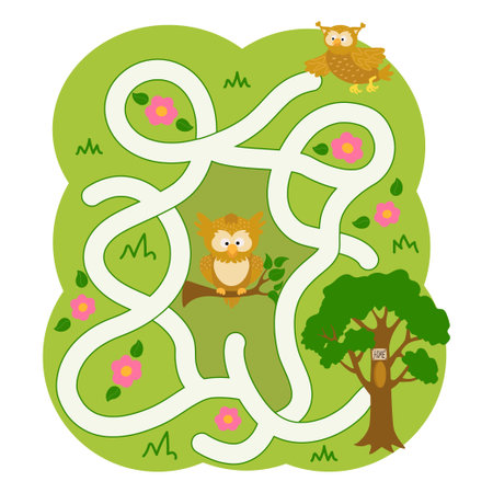 Education game for kids. Maze. Help the owl get to the tree house. Kids learning material. preschool worksheet activity. Children funny riddle entertainment for the development of logical thinkingのイラスト素材