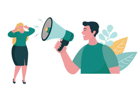 couple quarrel. conflict. Family problems, pressure at work. psychological abuse. Vector illustration of angry man screaming in megaphone at the woman.のイラスト素材