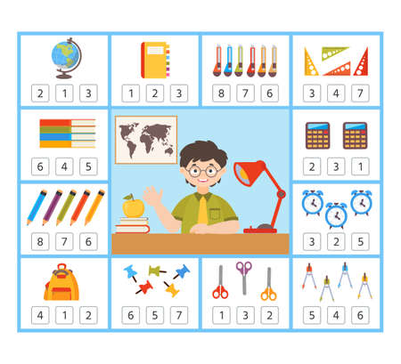Math Education game for kids. How many school supplies. Kids learning material. preschool worksheet activity. Children funny riddle entertainment. vector illustrationのイラスト素材