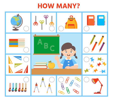 Math Education game for kids. How many school supplies. Kids learning material. preschool worksheet activity. Children funny riddle entertainment. vector illustrationのイラスト素材