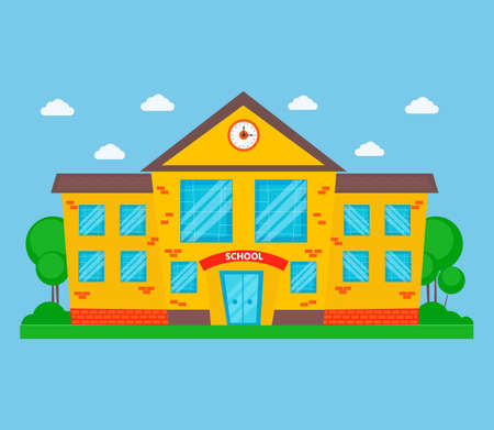 School building on a bright blue background. Back to school banner design concept. vector illustrationのイラスト素材