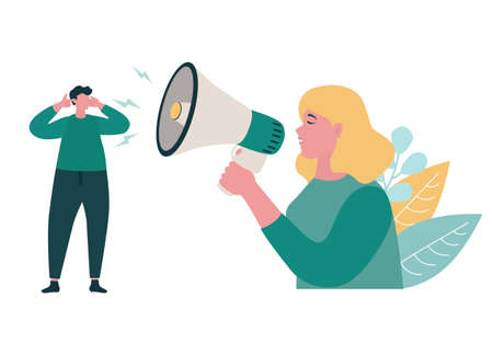 couple quarrel. conflict. Family problems, pressure at work. psychological abuse. Vector illustration of angry woman screaming in megaphone at the man.のイラスト素材