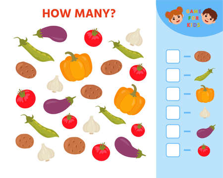 Math Education game for children. How many vegetables. Kids learning material. Preschool worksheet activity. Children funny riddle entertainment for the development of logical thinkingのイラスト素材