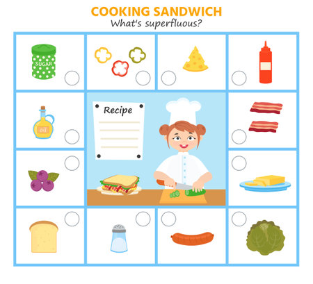 Game for kids. Making a sandwich. What's superfluous? preschool worksheet activity. Children funny riddle entertainment for the development of logical thinkingのイラスト素材