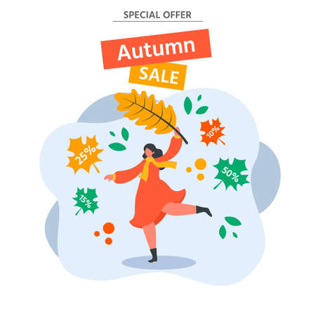 Promotion sale autumn banner with cute girl and falling leaves. vector illustration. Template for commercial poster, discount or sale flyer, web page.のイラスト素材