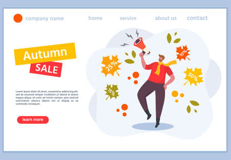 Promotion sale, autumn banner with man and falling leaves. vector illustration. Template for commercial poster, discount or sale flyer, advertising, web page.のイラスト素材