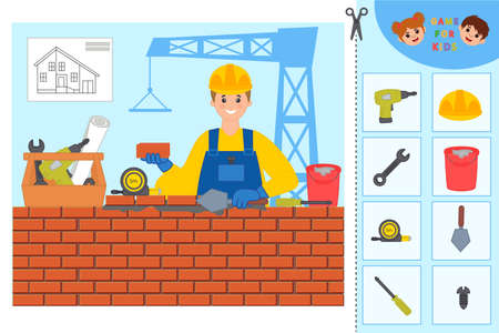 Education game for kids. builder. Match objects and professions. preschool worksheet activity. Children funny riddle entertainment. vector illustrationのイラスト素材