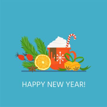 Happy New Year and Merry Christmas. Numbers 2021. Christmas decorations hanging on a Christmas tree branch mug of tea, rose hips, orange. Design pattern for greeting card, banner, poster, flyer, invitationのイラスト素材