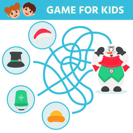 Find the shortest way to snowman hat. Color maze or labyrinth game for preschool children. Puzzle. Cute snowman. Children funny riddle entertainment for the development of logical thinking.のイラスト素材