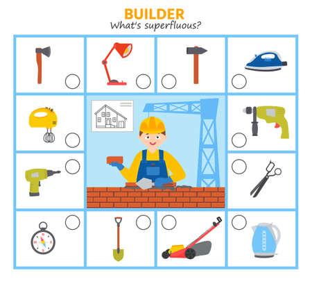 Game for kids. builder. What's superfluous Preschool worksheet activity. Children funny riddle entertainment for the development of logical thinkingのイラスト素材