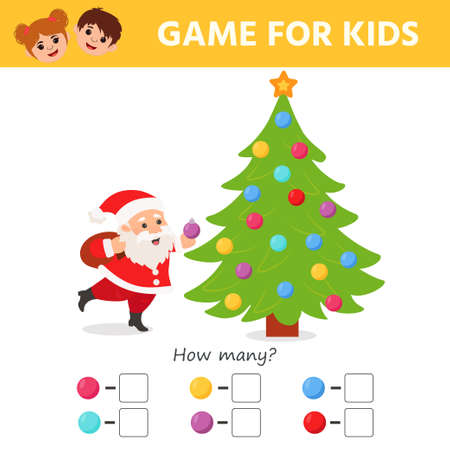 Game for kids. santa claus. Count how Christmas balls and write the result. Kids learning material. reschool worksheet activity. vector illustrationのイラスト素材