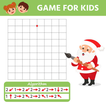 Game for kids. santa claus. Draw a picture according to the algorithm. preschool worksheet activity. Children funny riddle entertainment for the development of logical thinking. vector illustrationのイラスト素材