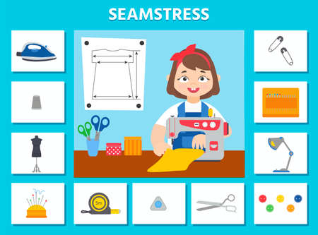 Game for kids. Seamstress. Profession cards. preschool worksheet activity. Children funny riddle entertainment for the development of logical thinking. vector illustrationのイラスト素材