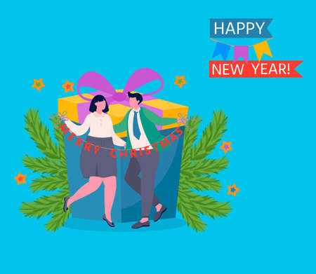 Set of christmas character. Young beautiful man and woman celebration New Year and Christmas. Joyful people celebrating holiday. People on the partyのイラスト素材