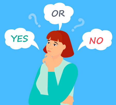 Young pensive woman making and question mark. Concept of thoughtful lady, about problems, finance, life, relationship etc. woman doubts. cartoon vector illustrationのイラスト素材