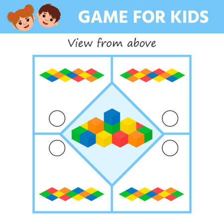 Education logic game for preschool kids. Kids activity sheet. What a top view does the tower of cubes have. Children funny riddle entertainment. vector illustrationのイラスト素材