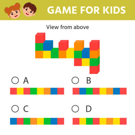 Education logic game for preschool kids. Kids activity sheet. What a top view does the tower of cubes have. Children funny riddle entertainment. vector illustrationのイラスト素材