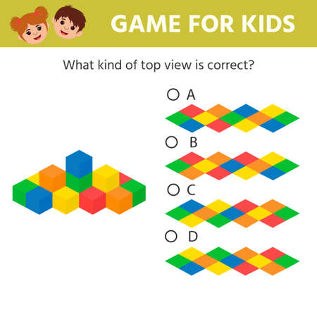 Education logic game for preschool kids. Kids activity sheet. What a top view does the tower of cubes have. Children funny riddle entertainment. vector illustrationのイラスト素材