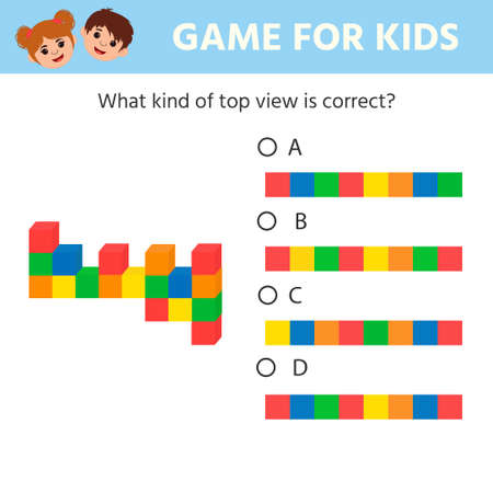 Education logic game for preschool kids. Kids activity sheet. What a top view does the tower of cubes have. Children funny riddle entertainment. vector illustrationのイラスト素材