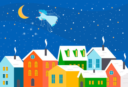 Christmas town landscape. happy new year. Winter holidays in the city panorama. Angel. Snow winter city landscape. vector illustrationのイラスト素材