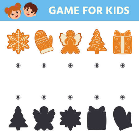 Game for kids. Find the right shadows of Christmas gingerbread cookie. preschool worksheet activity. Children funny riddle entertainment for the development of logical thinking.のイラスト素材