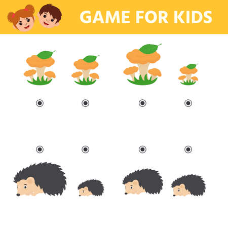 Game for kids. Match the height of the hedgehog and the mushroom. Preschool children worksheet activity and toddlers with cute animals. vector illustrationのイラスト素材