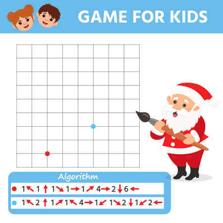 Game for kids. Sleigh with a gift. Draw a picture according to the algorithm. preschool worksheet activity. Children funny riddle entertainment for the development of logical thinking. vector illustrationのイラスト素材