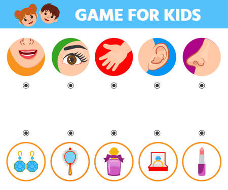 Game for kids. five senses. Sight, touch, hearing, smell and taste. preschool worksheet activity. Match of sense organs and objectsのイラスト素材