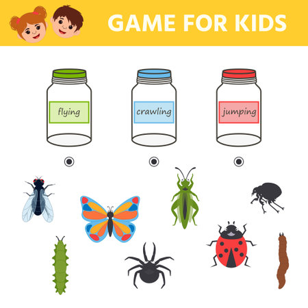 Game for kids. Distribute the insects to the jars. Flies, crawls, jumps. Preschool children worksheet activity and toddlers with cute insects.のイラスト素材
