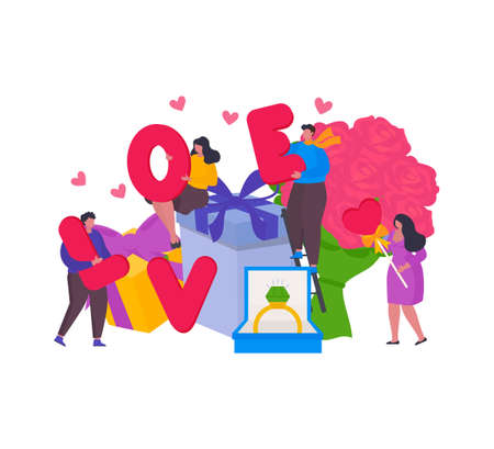 Valentine's day concept with tiny character. Love and gifts, ring, bouquet of flowers. Vector illustration Can use for web banner or landing page ideaのイラスト素材