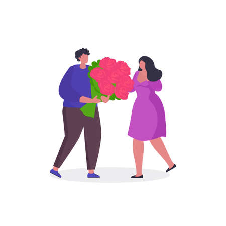 Vector illustration with woman hugging bouquet of flowers and man. Concept of Valentine's Day, love, relationship. happy family. Couple in love for greeting cardsのイラスト素材