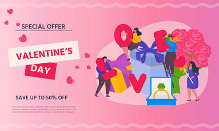 Valentine's day concept with tiny character. Love and gifts, ring, bouquet of flowers. Vector illustration can be used for advertising, present card, poster, banner or landing page ideaのイラスト素材