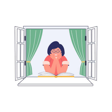 Vector illustration of a young woman on quarantine, reading the book and staying home. Quarantine, stay at home conceptのイラスト素材
