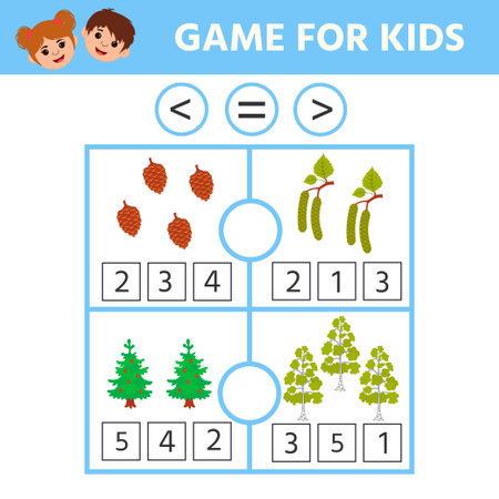 Math game for kids. Comparison, more less equal. Educational page for little children. Pine and birch and their fruits. Worksheet vector design for childrenのイラスト素材