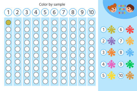 Math game for kids. Color by example. score from 1 to 10. Preschool educational aid for kindergartens. Children early learning montessori kit for intelligence. vector illustrationのイラスト素材