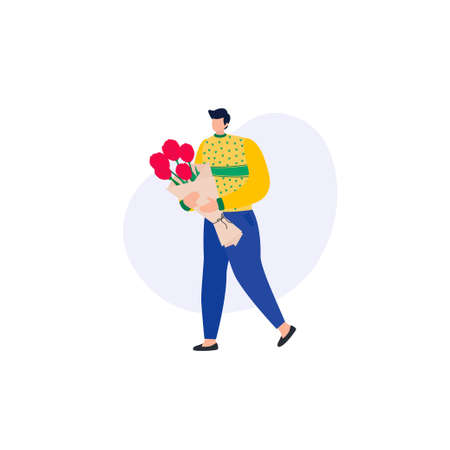 Vector illustration with man with bouquet of flowers. Concept of Valentine's Day, love, 8 march, relationship. Illustration for greeting cards, web page, bannerのイラスト素材