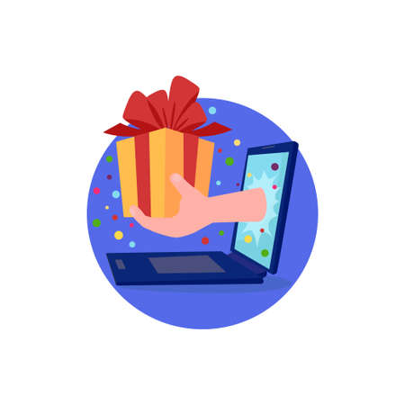 gift box. Template design for surprise, celebration event, presents, birthday, Christmas. Vector illustration for banner, landing web page. Marketing campaign for regular customers and online shoppingのイラスト素材